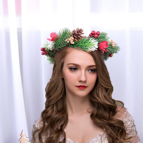 Minkissy Christmas Flower Crown Flower Hairband Christmas Headband Floral Wreath Garland With Holly Berry Leaves Christmas Hair Accessories For Woman Girls
