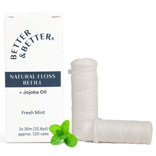 Better & Better Natural Floss | Vegan, 100% Plant-Based Waxed Dental Floss in Refillable Glass Jar | Natural Dental Floss w/Jojoba & Peppermint Oil | Moisturizing & Soothing Eco Friendly Dental Floss