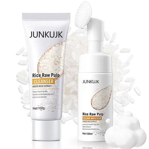 JunKuJK 2PCS Rice Cleansing Foam,Hydrating Long Lasting Rice Water Face Wash,Moisturizing Face Cleanser for Women and Men,Gentle Rice Face Wash for All Skin Type