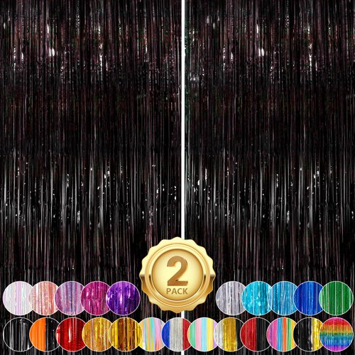 Black Fringe Curtain Party Streamers 2Pack 3.3x8.3 Ft Foil Fringe Backdrop Curtains for Birthday Wedding Bridal Baby Shower Holiday Tinsel Streamers Black Party Decorations Door Streamer