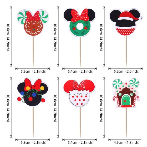 36 Pack Merry Christmas Cupcake Toppers Mouse Christmas Hat Cupcake Picks Xmas Holiday New Year Kids Birthday Cake Decoations Party Supplies