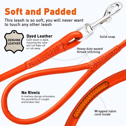 Dogline 3/8-Inch Wide Soft Padded Rolled Round Leather Dog Leash Lead, 4-Feet, Orange