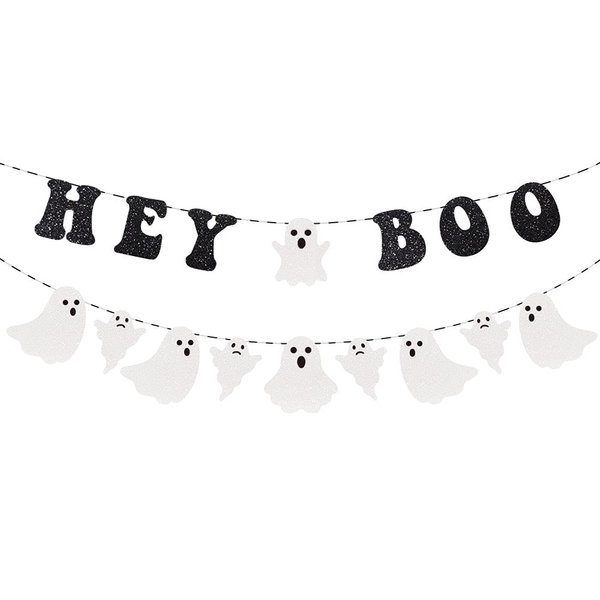 Hey Boo Banner Halloween Party Decorations, Glittery Ghost Banner Happy Halloween Party Supplies, Halloween Banner for Halloween Houses Doorways Indoor Outdoor Party Decorations(Black)
