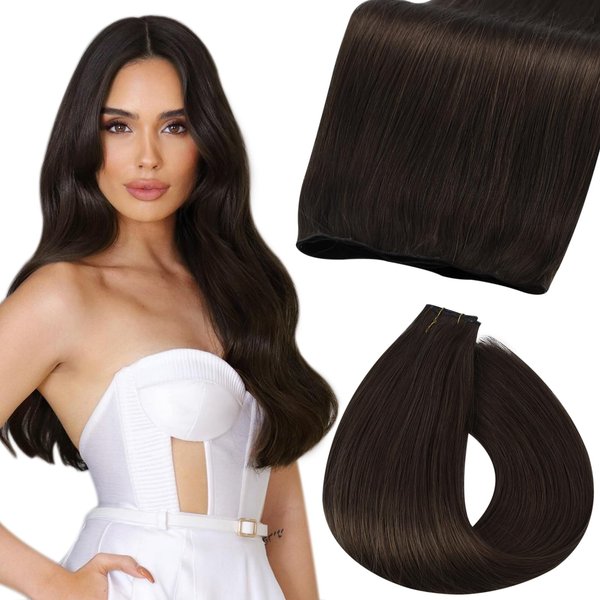 Fshine Genius Weft Real Human Hair Genius Weft for Women Darkest Brown Color #2 24 Inch Hair Bundle Remy Human Hair Bundle Natural Human Hair Extensions Hair Weave Brown 60 Gram
