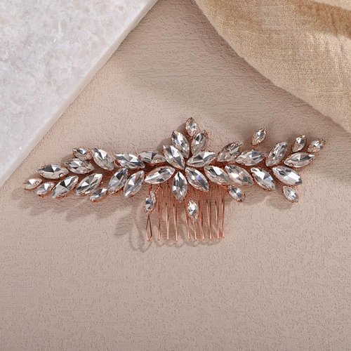 Teyglen Rose Gold Crystal Bridal Hair Comb Full Rhinestone Hair Piece Bride Wedding Hair Comb Sparkly Rhinestone Headpiece Party Prom Hair Accessories for Women (Rose gold)
