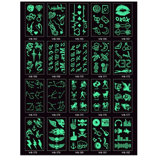 20 Sheets Glow In Dark Temporary Tattoo Stickers Luminous Fluorescent Waterproof Tattoos Water Transfer Fake Body Tattoo Stickers Fun For Party Festival Club Decoration DIY Accessories