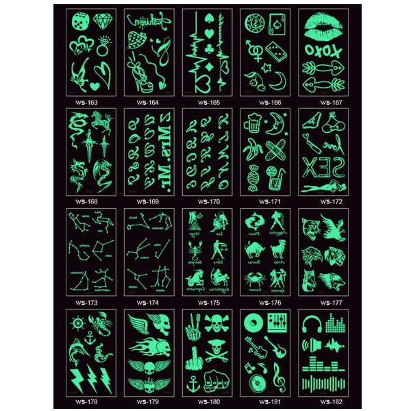 20 Sheets Glow In Dark Temporary Tattoo Stickers Luminous Fluorescent Waterproof Tattoos Water Transfer Fake Body Tattoo Stickers Fun For Party Festival Club Decoration DIY Accessories