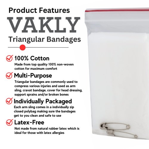 Triangular Bandages [Pack of 12] First Aid Triangle Splint Bandage with Safety Pins [40"x40"x56"] 100% Non-Woven Cotton + Vakly First Aid Kit Guide (12)