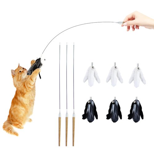 3Pcs Cat Feather Wand with Bell,Unbreakable Short Cat Wand with 6 Natural Feather Refills,Sturdy Cat Toy Wand with Wooden Handle and Carbon Fiber Pole,Portable,Easy to Assemble(28.7")