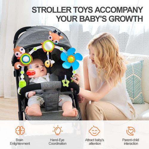 Koty Baby Stroller Arch Toy with Teether, Rattle, Crinkle Sound, Mirror & Music Box, Newborns Sensory Activity Carrier Take-Along Toy, Adjustable for Bouncers, Car Seat & Pram 0M+(Deer)