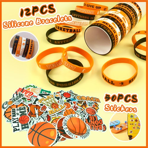 VAMWOGO Basketball Party Favors 110Pcs Basketball Themed Birthday Party Supplies Wristbands Basketball Keychains Bracelets Bags Stickers Pinata Filler