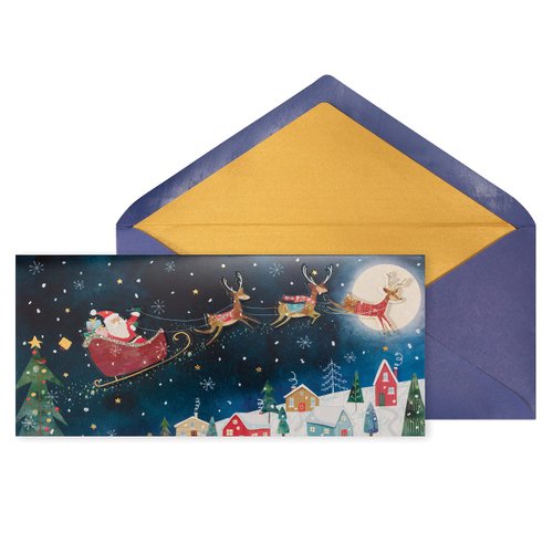NIQUEA.D Christmas Boxed Card Set, Santa & Reindeer In Night Sky, Includes a Holiday Sentiment and Coordinating Envelope, Set of 8 (NXB-0037), multicolored, 3.875" X 8.5"