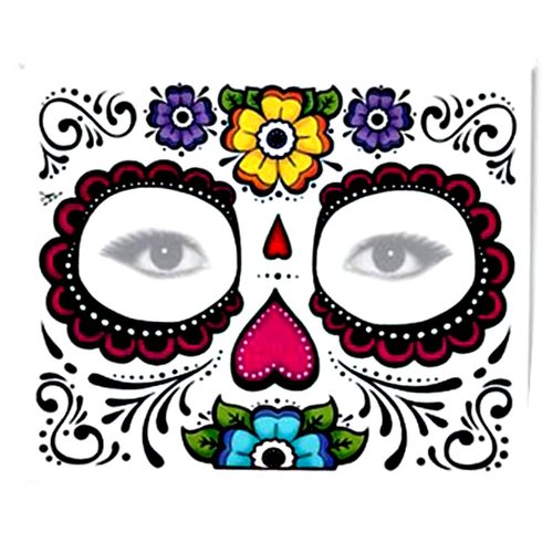 Sugar Skull Full Face Temporary Tattoo (Heart & Flowers) #119 by Fake Tattoos