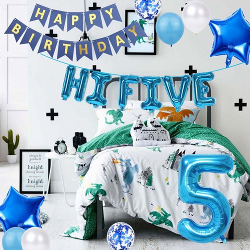 5th Birthday Decorations Rose gold for Girls,Hi Five Birthday Balloons 5th Birthday Banner Number 5 Star Foil Balloons Latex Confetti Balloons for 5 Years Old Birthday Supplies Girls (Blue)