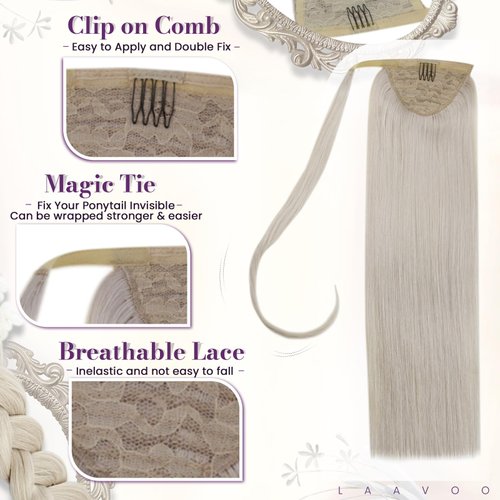 LaaVoo Ponytail Hair Extensions Human Hair Wrap Around Ponytail Extension Human Hair #60 Platinum Blonde Human Hair Clip in Ponytail Hair Extensions 14 Inch 70g