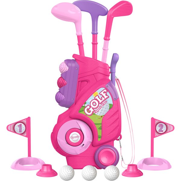 Liberry Toddler Golf Set for 1 2 3 4 5 Years Old, Upgraded Kids Golf Cart with Unique Shoulder Strap Design, Indoor and Outdoor Golf Toys for Boys Girls (Pink)