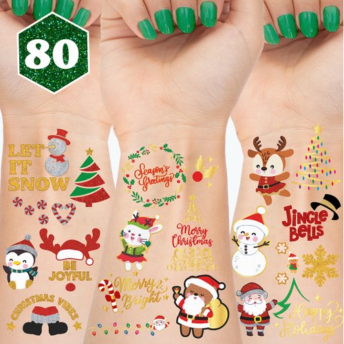 Christmas Party Supplies Temporary Tattoos Glitter & Metallic Designs. Face Tattoos For Kids and Adults. Merry Christmas Favors Gifts Bag Stuffers, Class Prizes Stocking, Santa, Snowman, Gingerbread