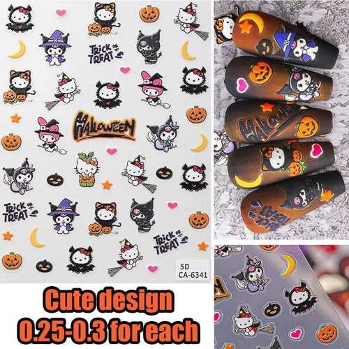 7 Pics 5D Halloween Nail Stickers, Small Cute Cartoon Nail Stickers for Kids, Girls and Women, Goth Nail Charms, Accessories for Nail Art, Pegatinas para Uñas