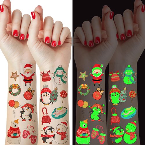 65 Pieces Christmas Temporary Tattoos for Kids, Glow in the Dark Cartoon Christmas Tattoo Stickers for Stocking Stuffings, Holiday Birthday Party Decorations Supplies Favors, Christmas Eve