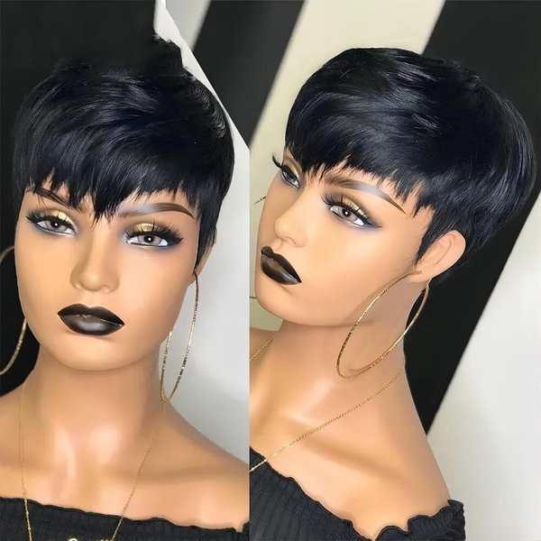 RICONEY Bob Wigs for Black Women Human Hair Wig Short Pixie Cut Wig Human Hair Glueless Natural Straight Wig with Bangs Layered None Lace Front Wig Full Machine Made Wig 1B Color