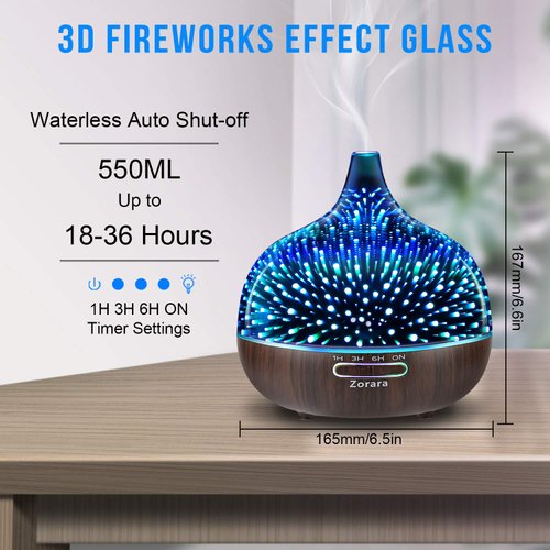 Essential Oil Diffuser 550ml Cool Mist Humidifier 3D Glass Ultrasonic Aromatherapy Humidifier with 7 Color Changing Led Lights, Waterless Auto Shut-Off, Adjustable Timer for Home Bedroom Office