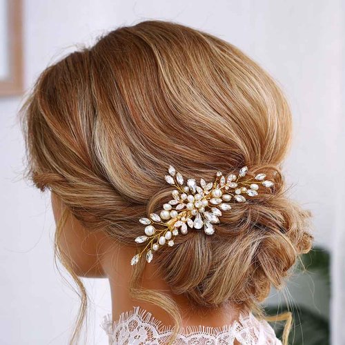 Casdre Wedding Hair Clip Rhinestone Bridal Hair Piece Pearl Hair Barrette Crystal Bride Wedding Hair Accessories for Women and Girls (B Gold)