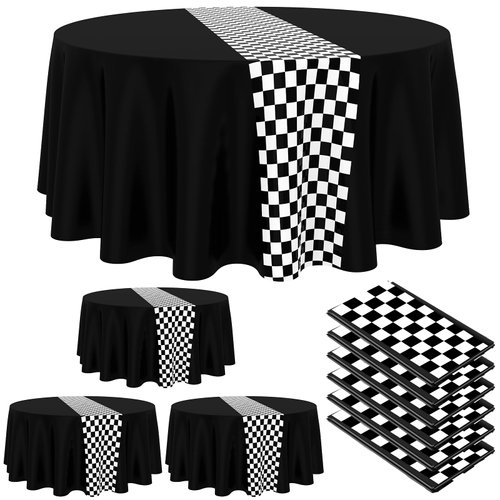 Oudain Cars Birthday Party Supplies Racing Party Decorations Round Racing Tablecloth Checkered Flag Table Covers Road Plastic Table Cloth, 1950s Disco Dancing Party Tablecloth (Black,6 Pcs)