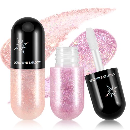 Boobeen 2pcs Liquid Glitter Eyeshadow, Metallic Shimmer Eye Shadow, Long Lasting Waterproof Liquid Bright Eyeshadow, One-Swipe Coverage