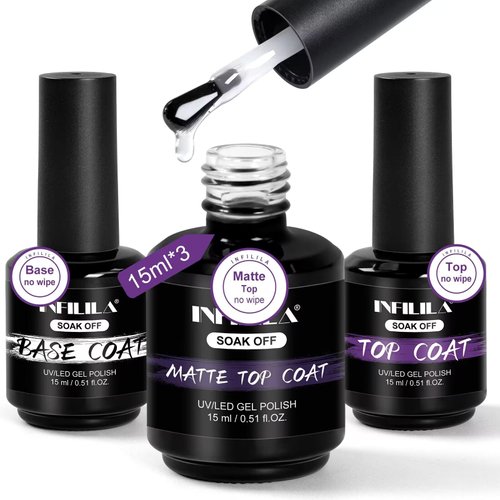NXJ INFILILA Gel Base and Top Coat Set, 15ml 3pcs No Wipe Gel Top Coat Matte & Shine, Gel Nail Polish Base and Top Coat Set, Long Lasting High Gloss and Matte Effects Manicure