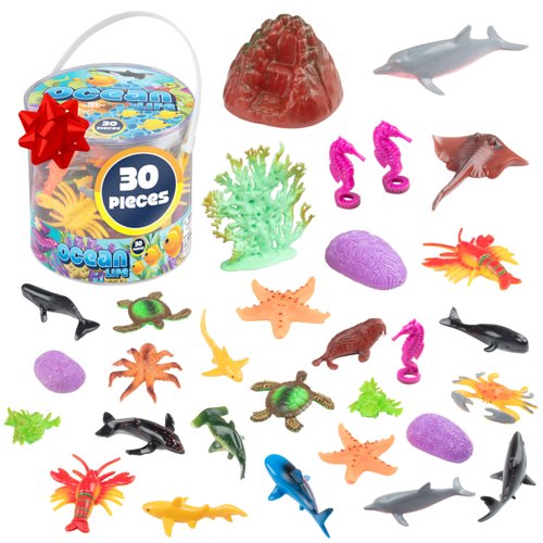 Ocean Life Sea & Animal Toy Action Figure Set - 30pc Bucket of Marine Animals Includes Turtles, Crabs, Starfishes, Seahorses, Dolphins & More - Great Bathtub Toy, Xmas Gift for Kids, Stocking Stuffer