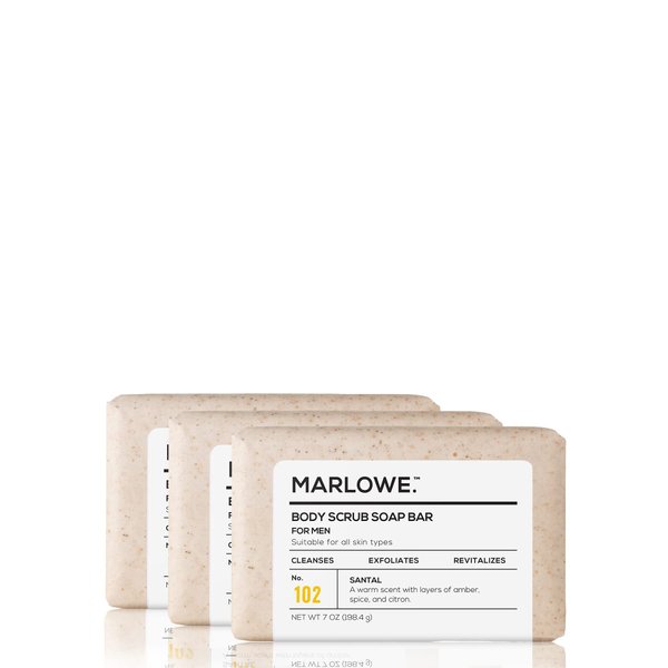 MARLOWE. No. 102 Men's Body Scrub Soap 7 oz (3 Bars) Warm Santal Scent, Best Exfoliating Bar for Men, Made with Natural Ingredients, Apricot Seed Powder, Shea Butter, Olive Oil, Green Tea Extracts