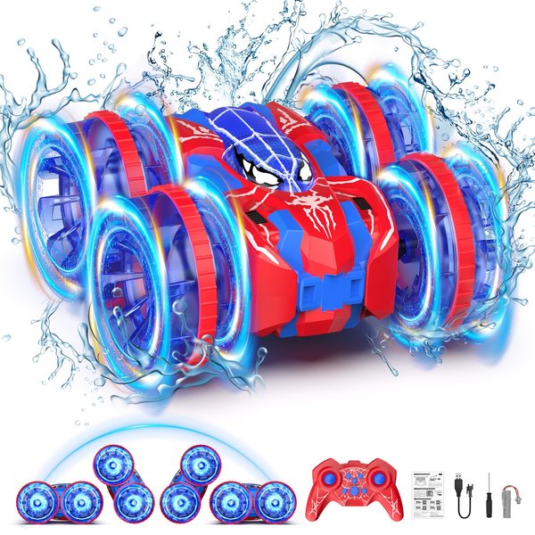 fygurso Spider Waterproof Remote Control Car，4WD Amphibious 2.4 GHz RC Car Remote Control Boat，360°Rotation RC Stunt Car with LED Lights，Boys Girls Gifts All Terrain Water Beach Pool Toy