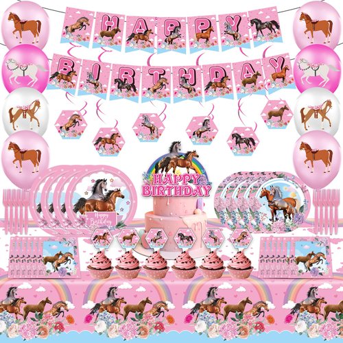 Pink Horse Birthday Party Supplies,Wild Horse Theme Decorations & Tableware Set,Include Banner,Hanging Swirl,Balloons,Cupcake Toppers,Plates,Napkins,and More,Ideal for Cowgirl or Horse Theme Party