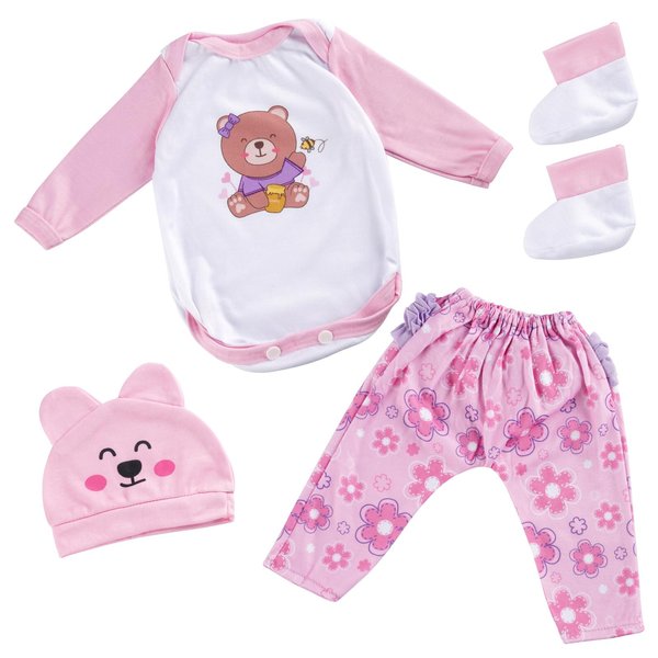BABESIDE 4 Pcs Reborn Baby Doll Clothes for 17-22 Inch Dolls, Cute Bear Pattern Baby Dolls Outfits Accessories Set with Baby Doll Hat for Newborn Baby Dolls Girl, Pink