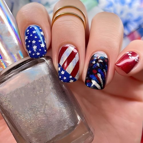 4th of July Press on Nails Short Square Fake Nails Red Blue White False Nails with Stars and Stri...