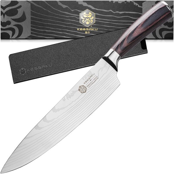 KESSAKU Chef Knife - 8 inch - Samurai Series - Razor Sharp Kitchen Knife - Forged 7Cr17MoV High Carbon Stainless Steel - Wood Handle with Blade Guard
