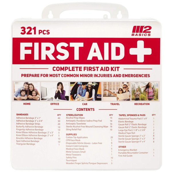 M2 BASICS Complete 321 Piece Emergency First Aid Kit | Business & Home Medical Supplies | Wall Mountable Hard Case | Office, Car, Travel, School, Camping, Hunting, Sports