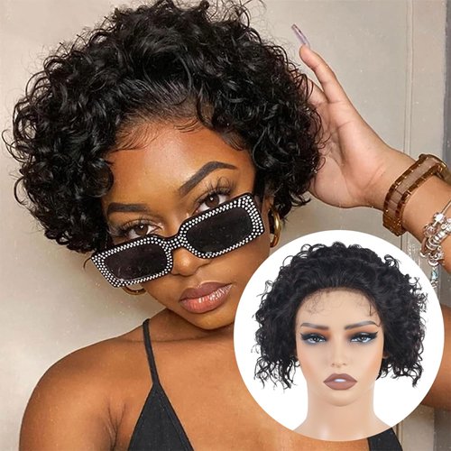 ManeMajesty Short Curly Human Hair Wigs for Black Women 13x5 Lace Front Wig Pre Plucked Curly Pixie Cut Glueless Wig 100% Brazilian Virgin Hair Bob Wig with Elastic Band Natural Color