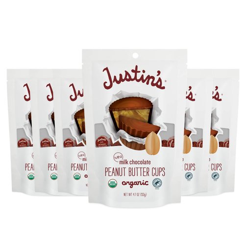 Justin's Organic Mini Milk Chocolate Peanut Butter Cups, Rainforest Alliance Certified Cocoa, Gluten-free, Responsibly Sourced, 6 Stand-up Bags (4.7 Ounce Each)