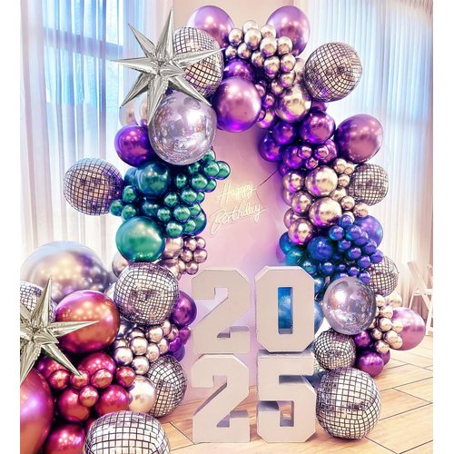 Metallic Balloon garland kit 135Pcs Disco Party decorations with Chrome Blue Red Purple Silver Disco ball balloons for 80s 90s Themed Birthday graduation 2025 new year Party eve Decorations