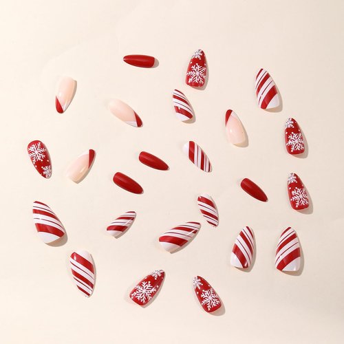 Christmas Press on Nails Almond Fake Nails Winter Red False Nails with Designs Snowflake Full Cover Acrylic Stick on Nails Glossy Glue on Nails Xmas Artificial Nails For Women Girls Manicure 24Pcs