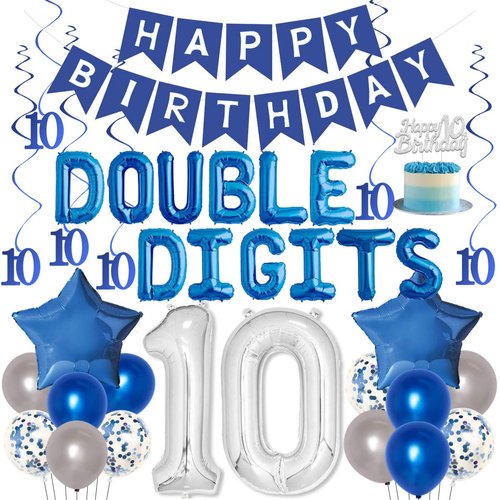 10th Birthday Decoration Blue for Boys Girl Double Digits 10th Birthday Balloon Banner Cake Topper Hanging Swirls for 10 Year Old Birthday Supplies