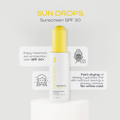 JESS BEAUTY | Face Sunscreen Sun Drops SPF 30 Skin Care Oil with Camellia Sinensis & Squalane | Skincare Fast Drying 1 fl. oz
