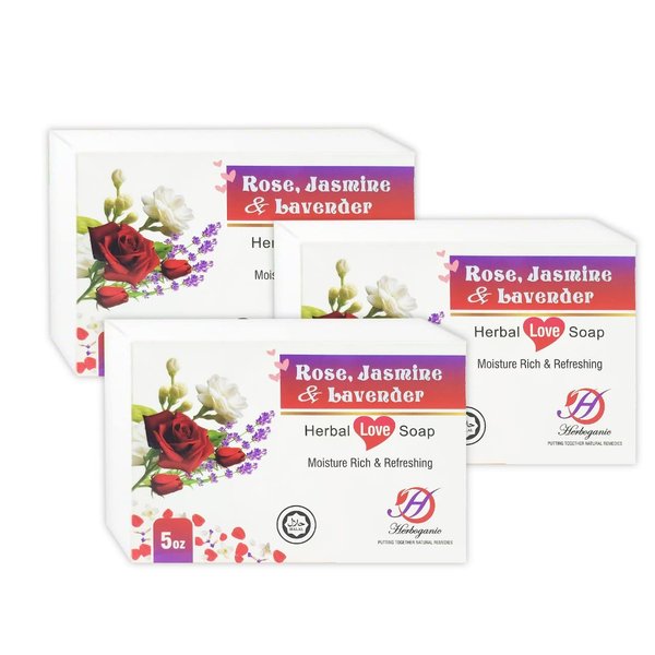 HERBOGANIC Rose, Jasmine & Lavender Herbal Soap | Natural Rose Soap Bar with Jasmine and Lavender Extracts | All Natural | Equally Effective for Men and Women | 5 oz Bar | Pack of 3