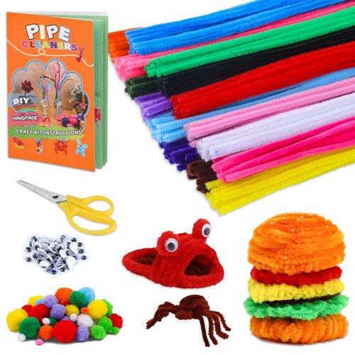LOKUNN Pipe Cleaners, 150 Pcs Pipe Cleaners Craft Supplies, Multi-Color Chenille Stems, Arts and Crafts Set with Instructions, Pom Poms,Christmas Halloween Mother's Day Decoration Art Supplies