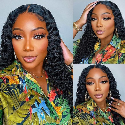 Deep Wave Lace Front Wigs Human Hair 13x4 Curly Lace Front Wigs for Black Women Human Hair 18 Inch HD Transparent Lace Front Wigs Human Hair Pre Plucked with Baby Hair Wet and Wavy 180% Density