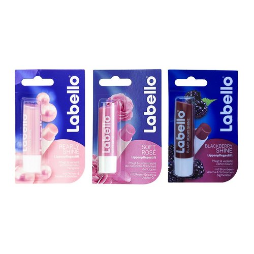 Labello Pearly Shine, Labello Soft Rose, Labello Blackberry Shine Lip Balm Bundle