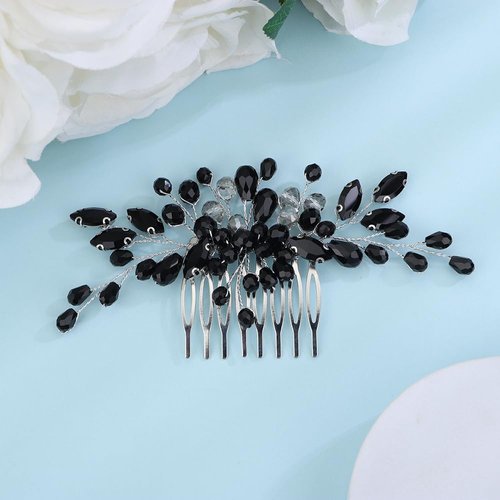 JWICOS Handmade Black Crystal Hair Comb for Wedding Bridal Hair Accessories for Women Prom Halloween Costume Bride Side Comb for Special Occasion