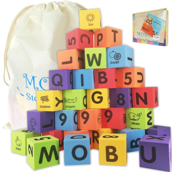 MOBU Foam Building Blocks for Toddlers,30 pcs Alphabet Blocks with Storage Bag,Learning Letter ABC, Numbers 0-9, Stacking Blocks for Kids