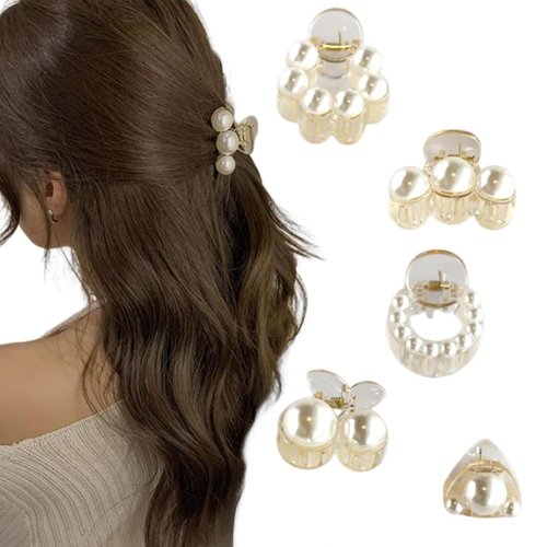 mdgfge 5Pcs Pearl Hair Clips Pearl Hair Claw Clamps Champagne Hair Barrettes Small Non Slip Clips Elegant Hair Accessories for Women Party Daily Use